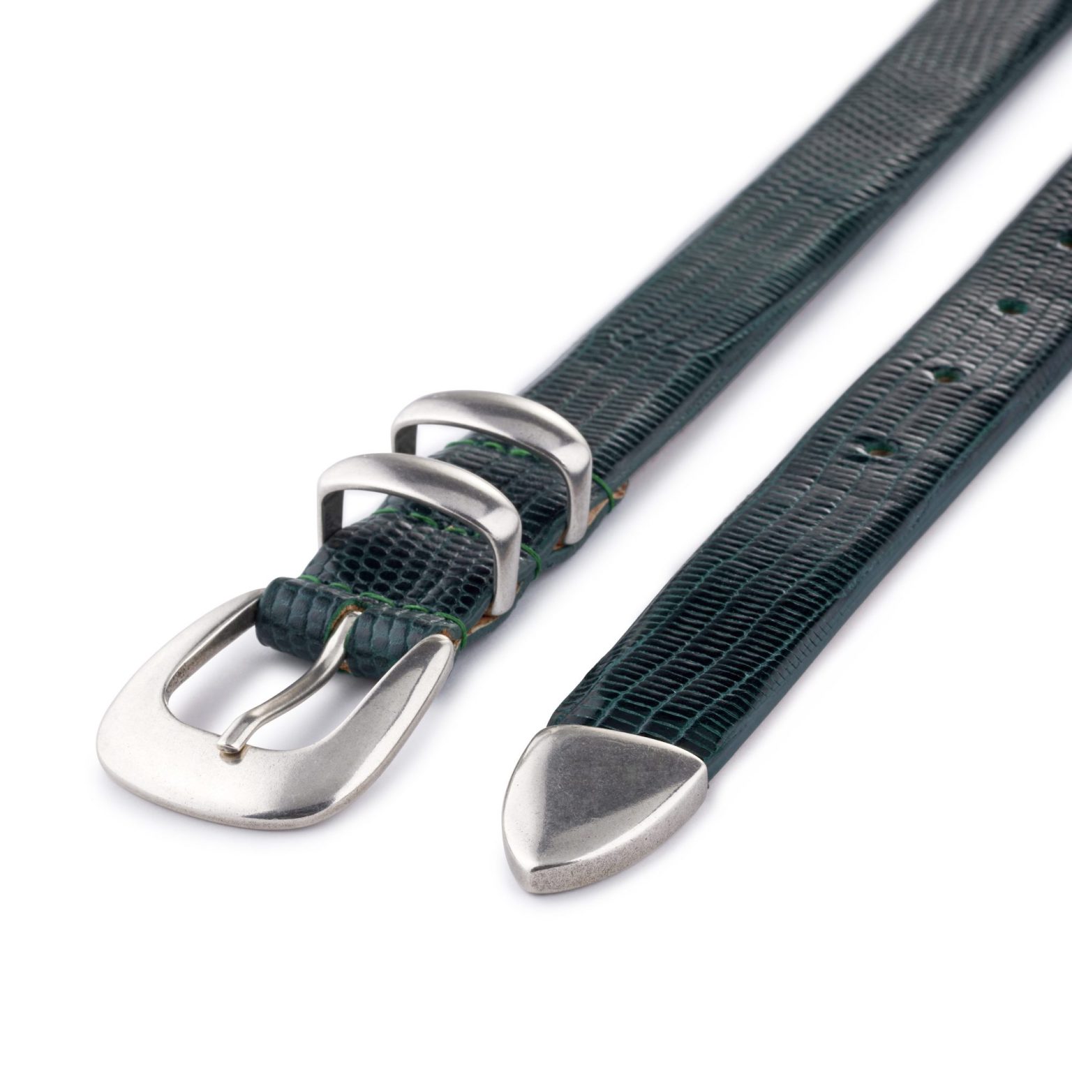 Tiny green embossed calfskin leather belt, diagonal view