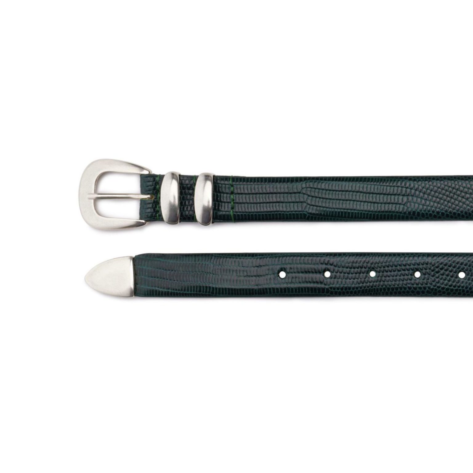 Tiny green embossed calfskin leather belt, both ends