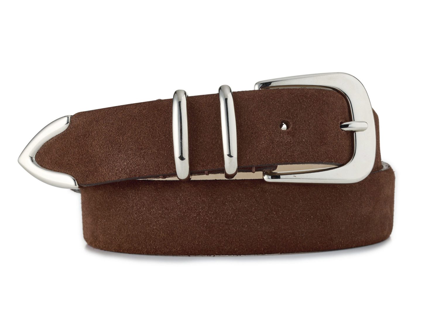 brown suede first class belt with shiny buckle, rolled