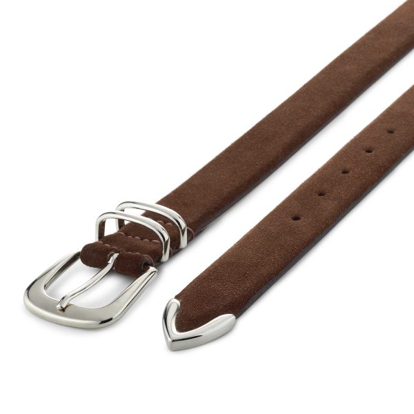 Brown suede first class belt with shiny buckle, diagonal view