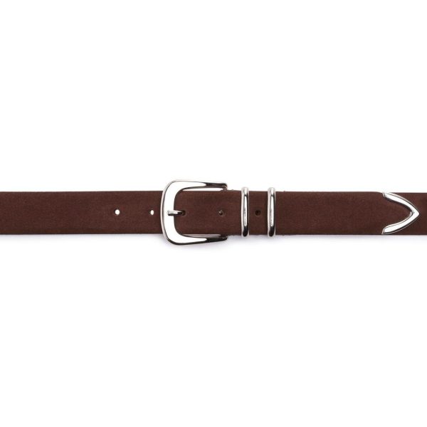 Brown suede first class belt with shiny buckle, buckle view