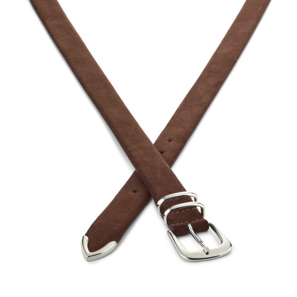 Brown suede first class belt with shiny buckle, crossed