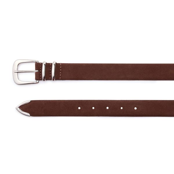 Brown suede first class belt with shiny buckle, both ends