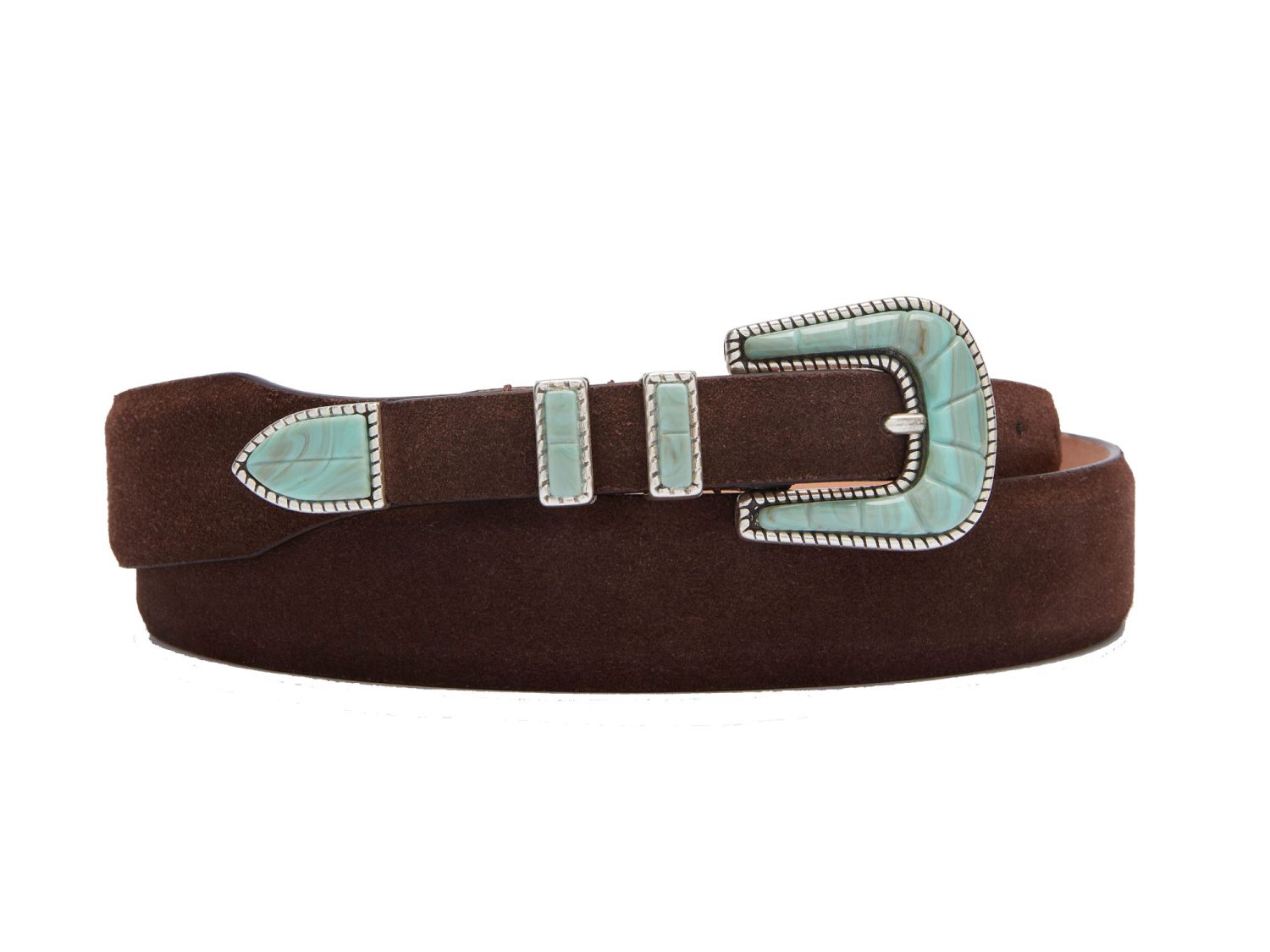 western crazy color belt with turquoise buckle , brown suede, rolled
