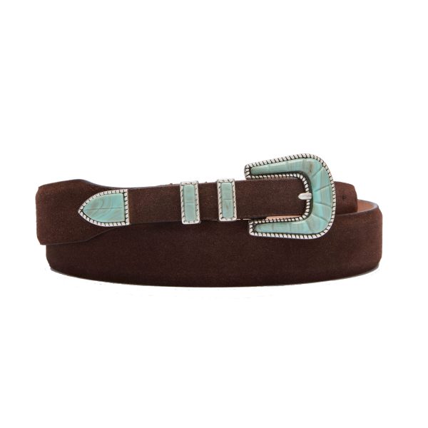 western crazy color belt with turquoise buckle , brown suede, rolled