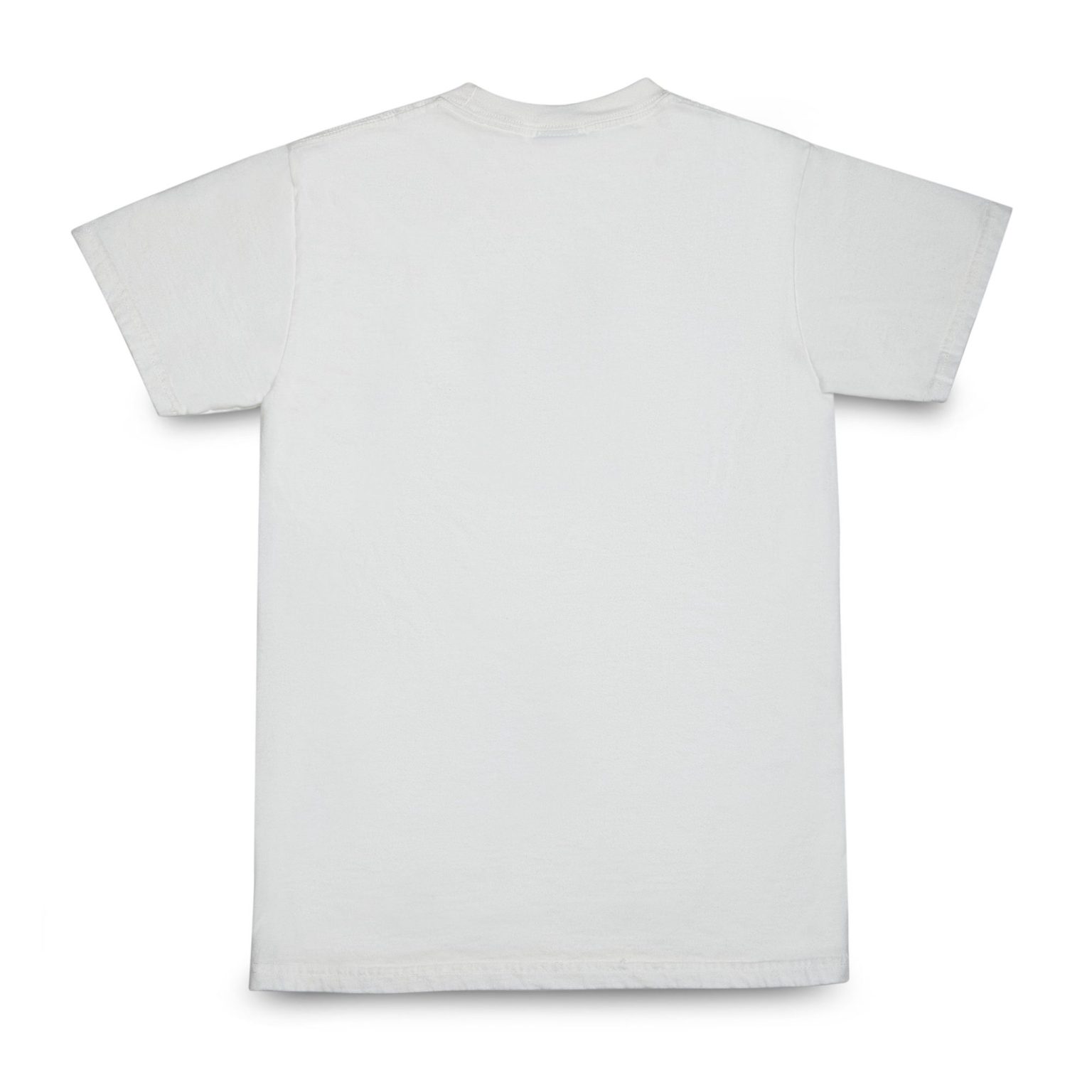 White t-shirt with green ostrich and palm trees logo, seen back