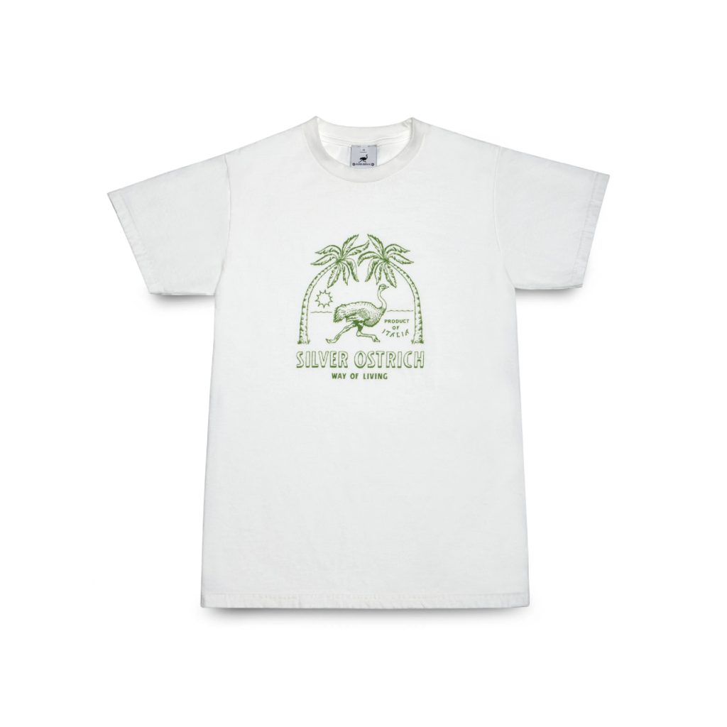 White t-shirt with green ostrich and palm trees logo, seen front, icon